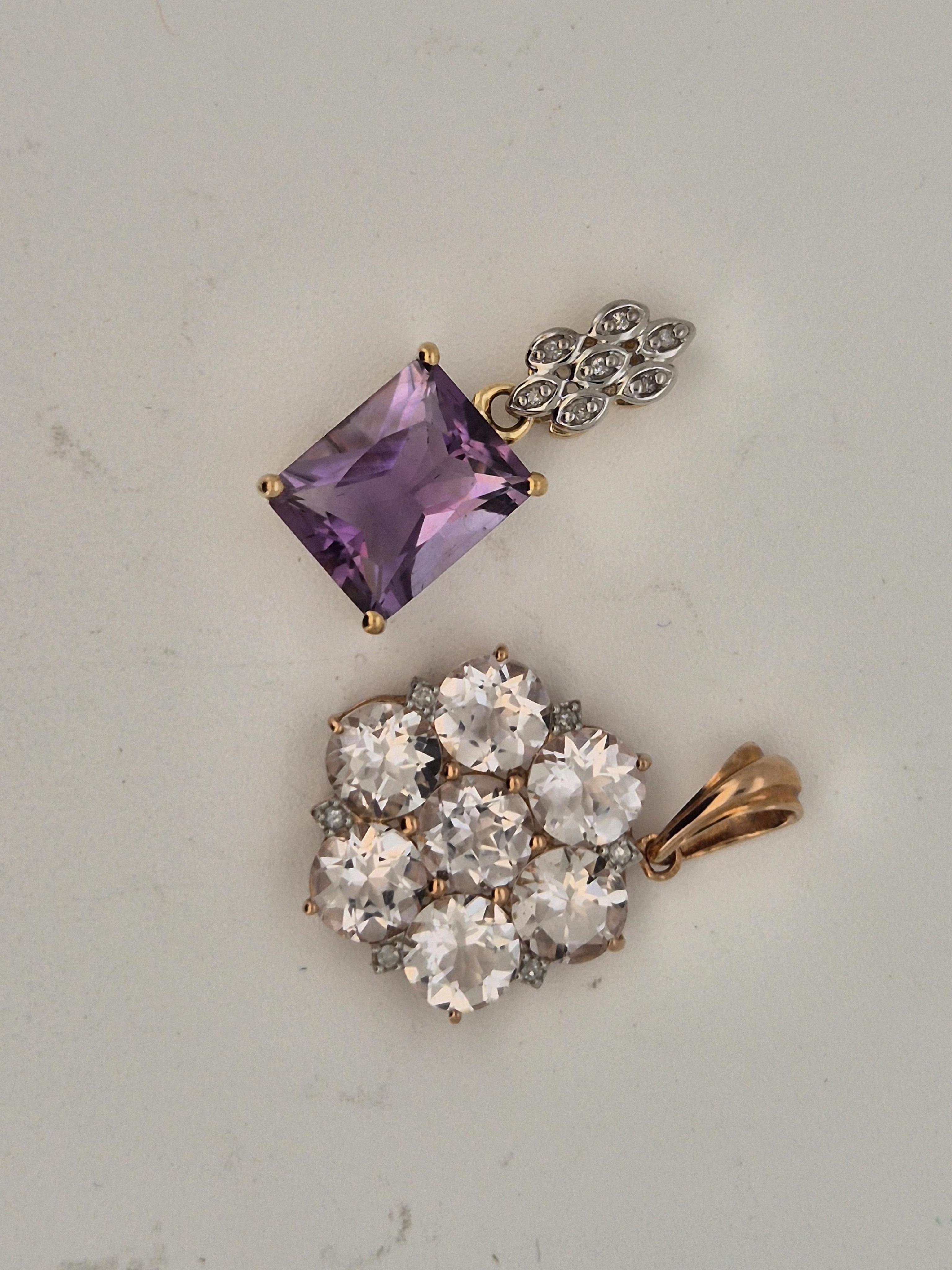 A modern 9ct gold and single stone rectangular cut amethyst pendant, with diamond chip set bale, overall 21mm, together with one other 9ct gold and gem set cluster pendant, gross weight 4 grams.